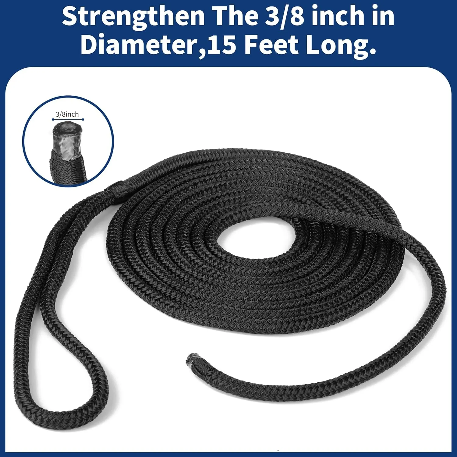 MaxWorks 51000 Marine Grade Double Braided Nylon Dock Line 4 Pack 3/8 inch x 15 ft 12 inch Spliced Eye Heavy Duty Boat Mooring Rope for Docking Black UV Weather Resistant Professional Finish