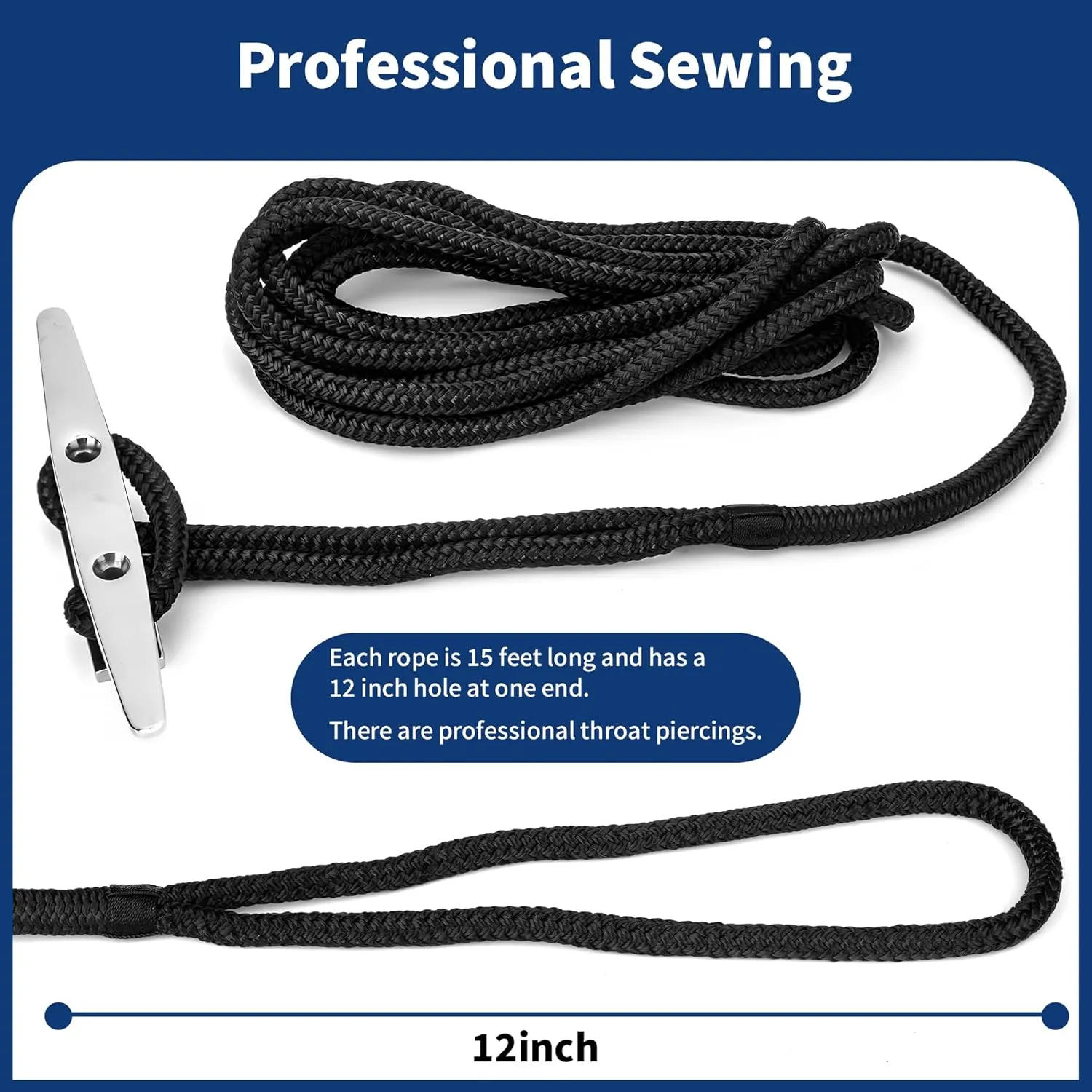 MaxWorks 51000 Marine Grade Double Braided Nylon Dock Line 4 Pack 3/8 inch x 15 ft 12 inch Spliced Eye Heavy Duty Boat Mooring Rope for Docking Black UV Weather Resistant Professional Finish