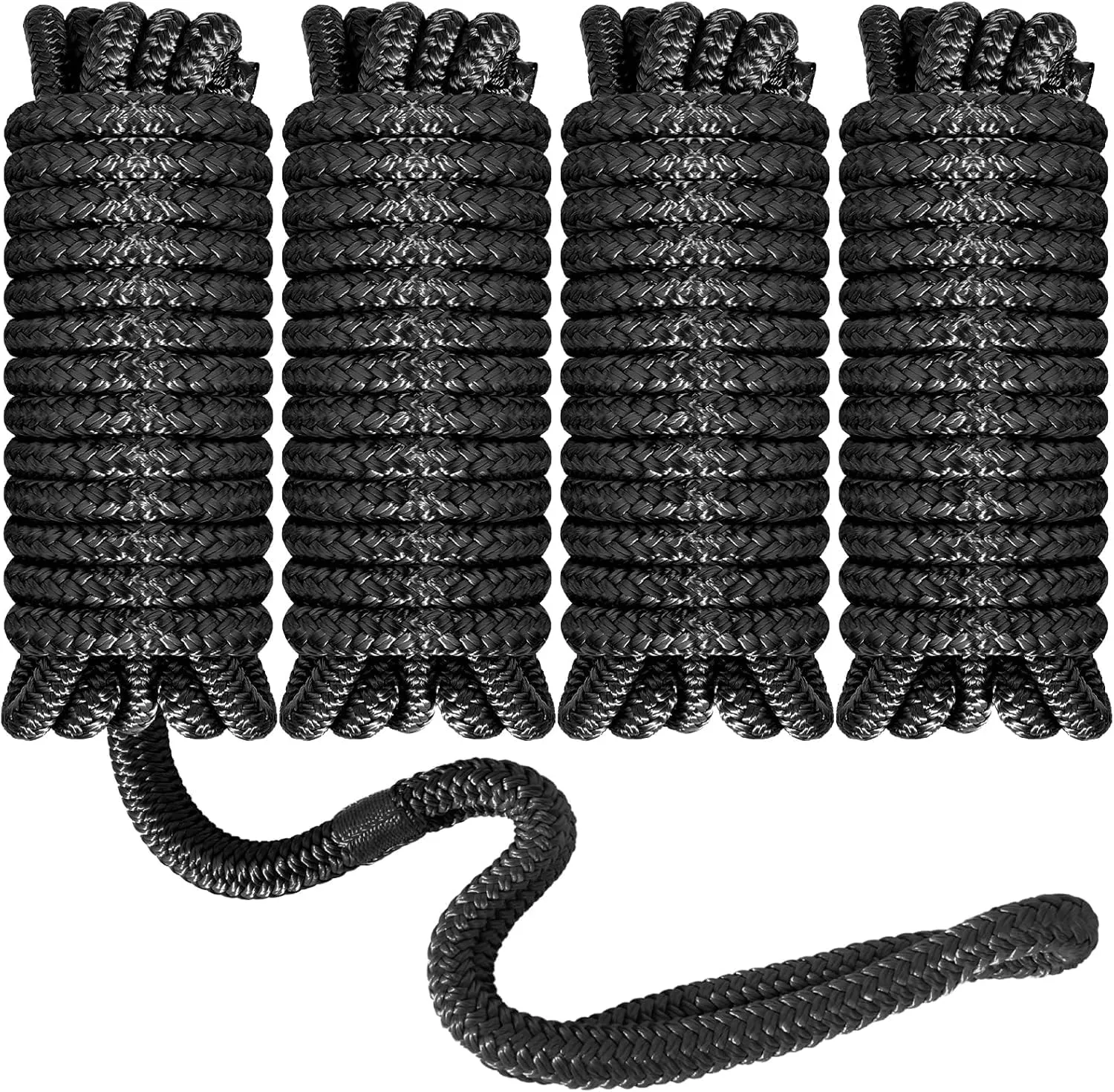 MaxWorks 51000 Marine Grade Double Braided Nylon Dock Line 4 Pack 3/8 inch x 15 ft 12 inch Spliced Eye Heavy Duty Boat Mooring Rope for Docking Black UV Weather Resistant Professional Finish