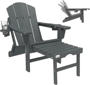 Mdeam 3-Level Adjustable Adirondack Chair with Retractable Ottoman, HDPE All-Weather Folding Fire Pit Chair with 2 Cup Holders, Outdoor Chair for Deck Patio Garden Backyard Lawn (Grey)