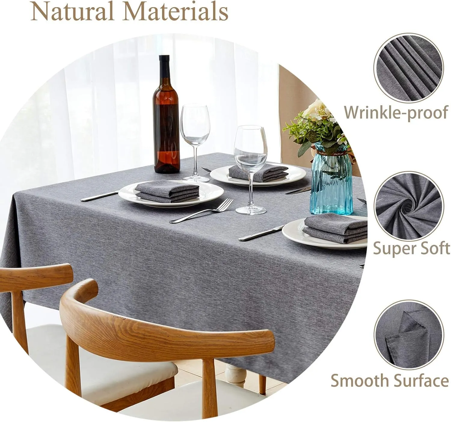 Mebakuk Rectangle Table Cloth Linen Farmhouse Tablecloth Waterproof Anti-Shrink Soft and Wrinkle Resistant Decorative Fabric Table Cover for Kitchen (Dark Grey, 60" x 84" (6-8 Seats))