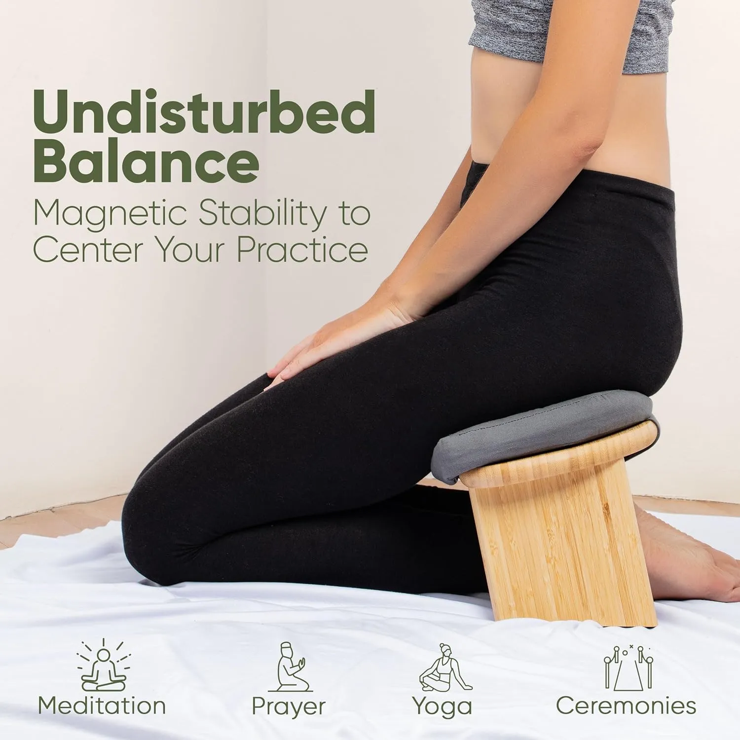 Meditation Chair w/ Extra Thick Cushion - Portable Bamboo Meditation Bench w/ Magnetic Locking Hinge - Anterior Tilt Seiza Bench Ideal for Comfortable & Stable Meditation - Sleek Canvas Kneeling Chair