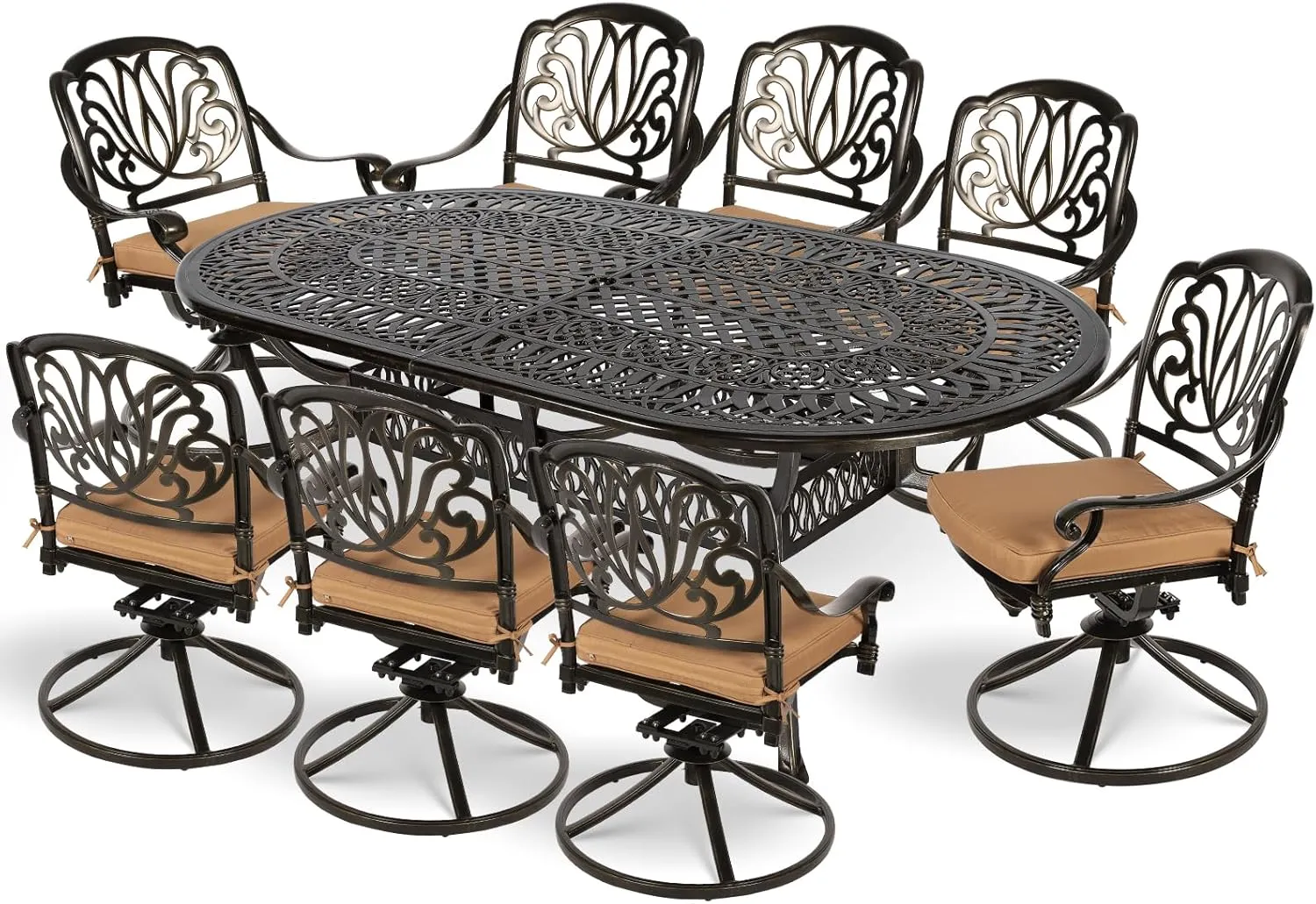 MEETWARM 9-Piece Outdoor Patio Dining Set, All-Weather Cast Aluminum Patio Conversation Set for Backyard Garden Deck with 8 Cushioned Swivel Rocker Chairs, 1 Oval Table, 2" Umbrella Hole