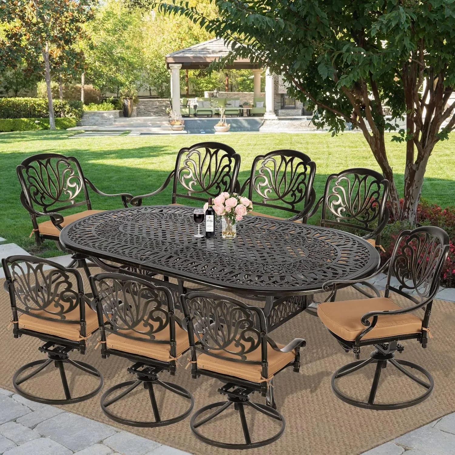 MEETWARM 9-Piece Outdoor Patio Dining Set, All-Weather Cast Aluminum Patio Conversation Set for Backyard Garden Deck with 8 Cushioned Swivel Rocker Chairs, 1 Oval Table, 2" Umbrella Hole