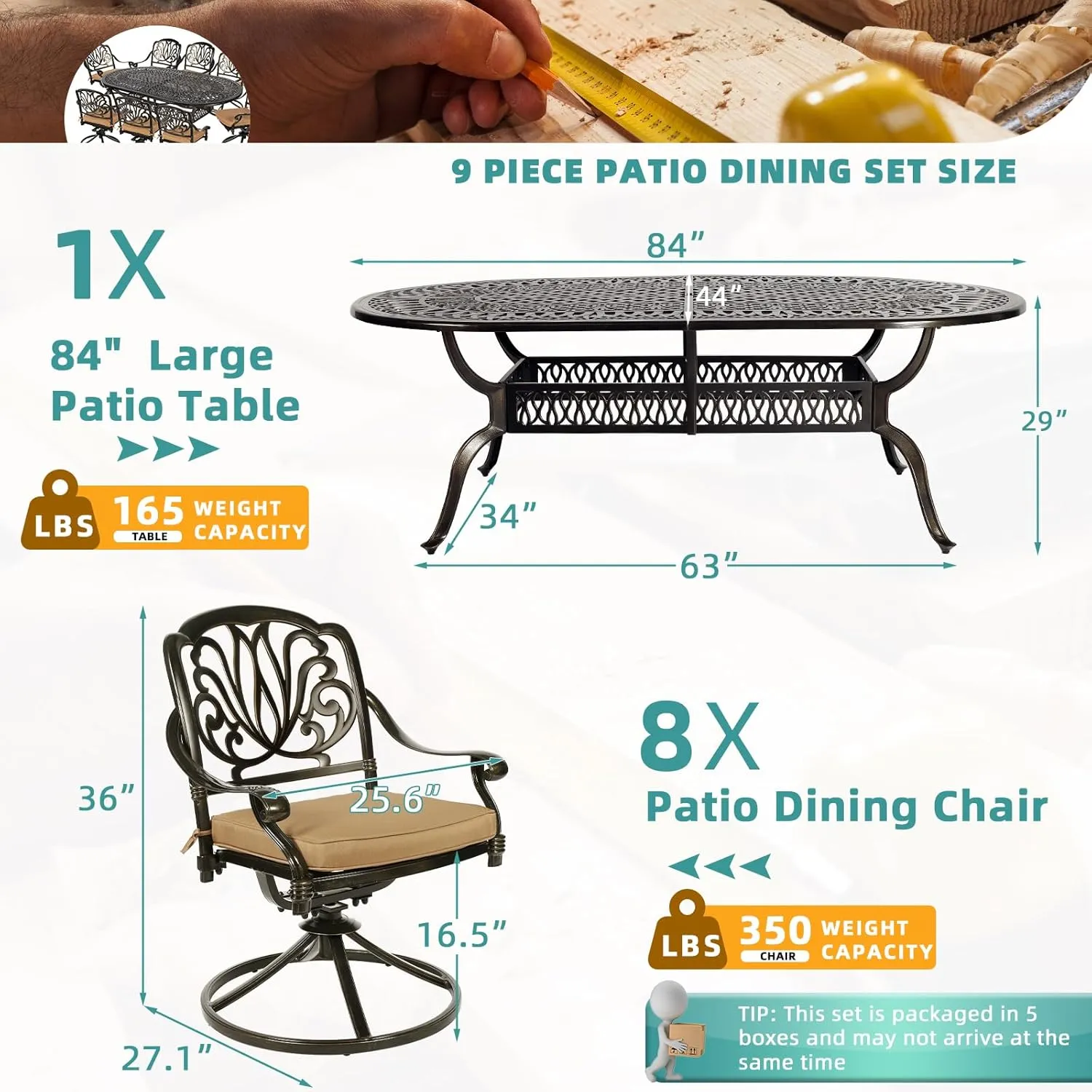 MEETWARM 9-Piece Outdoor Patio Dining Set, All-Weather Cast Aluminum Patio Conversation Set for Backyard Garden Deck with 8 Cushioned Swivel Rocker Chairs, 1 Oval Table, 2" Umbrella Hole