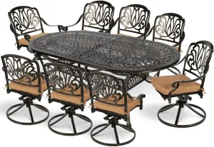 MEETWARM 9-Piece Outdoor Patio Dining Set, All-Weather Cast Aluminum Patio Conversation Set for Backyard Garden Deck with 8 Cushioned Swivel Rocker Chairs, 1 Oval Table, 2" Umbrella Hole
