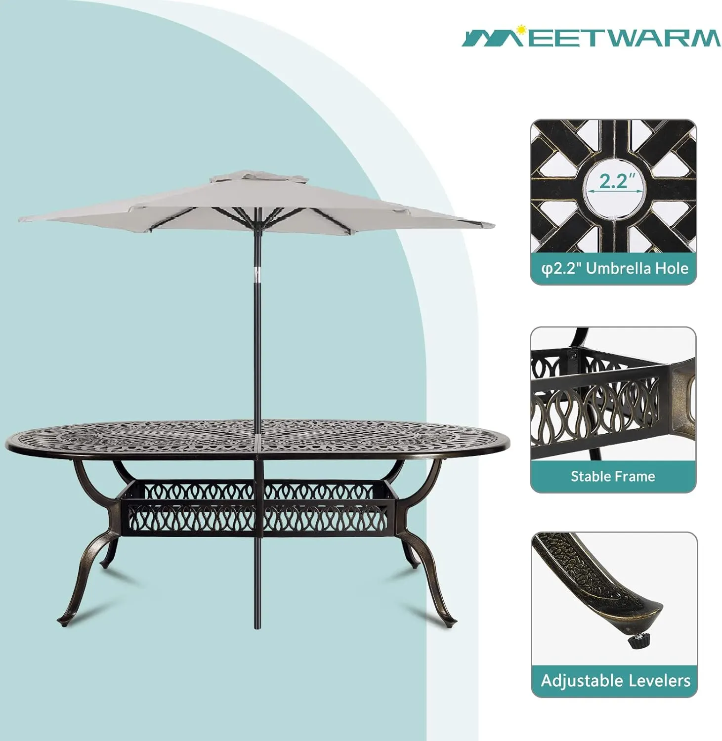 MEETWARM 9-Piece Outdoor Patio Dining Set, All-Weather Cast Aluminum Patio Conversation Set for Backyard Garden Deck with 8 Cushioned Swivel Rocker Chairs, 1 Oval Table, 2" Umbrella Hole