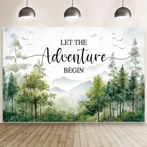MEHOFOND 7x5ft Adventure Awaits Baby Shower Backdrop Let The Adventure Begin Photography Background Wilderness Mountain Adventure Baby Shower Decor Green Woodland Birthday Party Banner Photo Props
