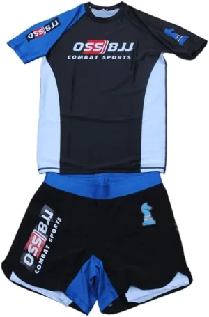 Men's BJJ, No GI, MMA, Compression Top Plus Shorts with Pockets Double-Layer Quick Dry - BJJ Grading Set - 2 PCS (Blue Belt, Large)