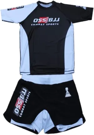 Men's BJJ, No GI, MMA, Compression Top Plus Shorts with Pockets Double-Layer Quick Dry - BJJ Grading Set - 2 PCS (White Belt, Medium)