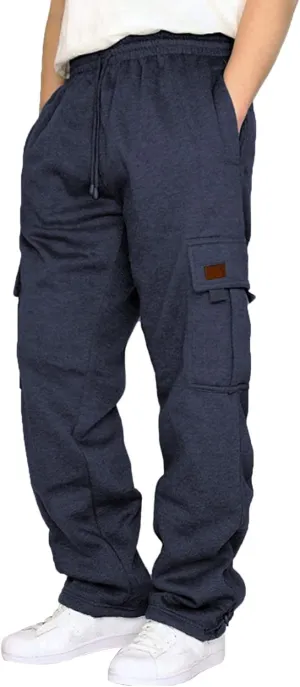 Men's Heavyweight Fleece Cargo Sweatpants Stretch Elastic Waist Jogger Sport Pants Drawstring Sports Trousers Mens Sweats