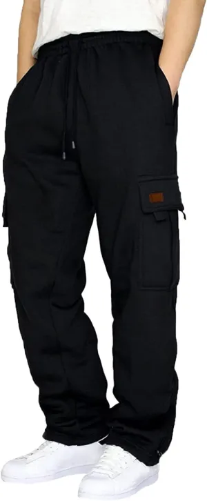 Men's Heavyweight Fleece Cargo Sweatpants Stretch Elastic Waist Jogger Sport Pants Drawstring Sports Trousers Mens Sweats