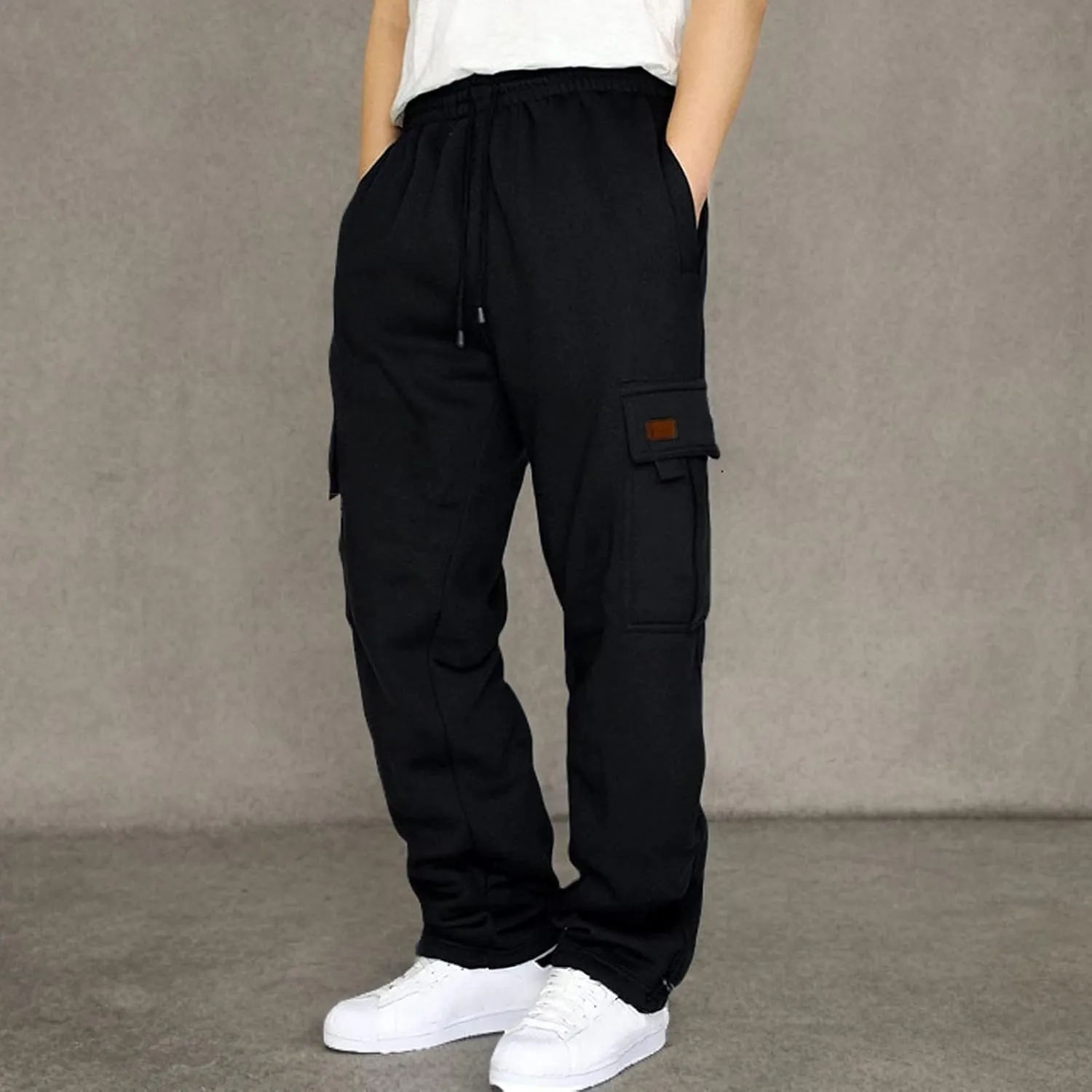 Men's Heavyweight Fleece Cargo Sweatpants Stretch Elastic Waist Jogger Sport Pants Drawstring Sports Trousers Mens Sweats