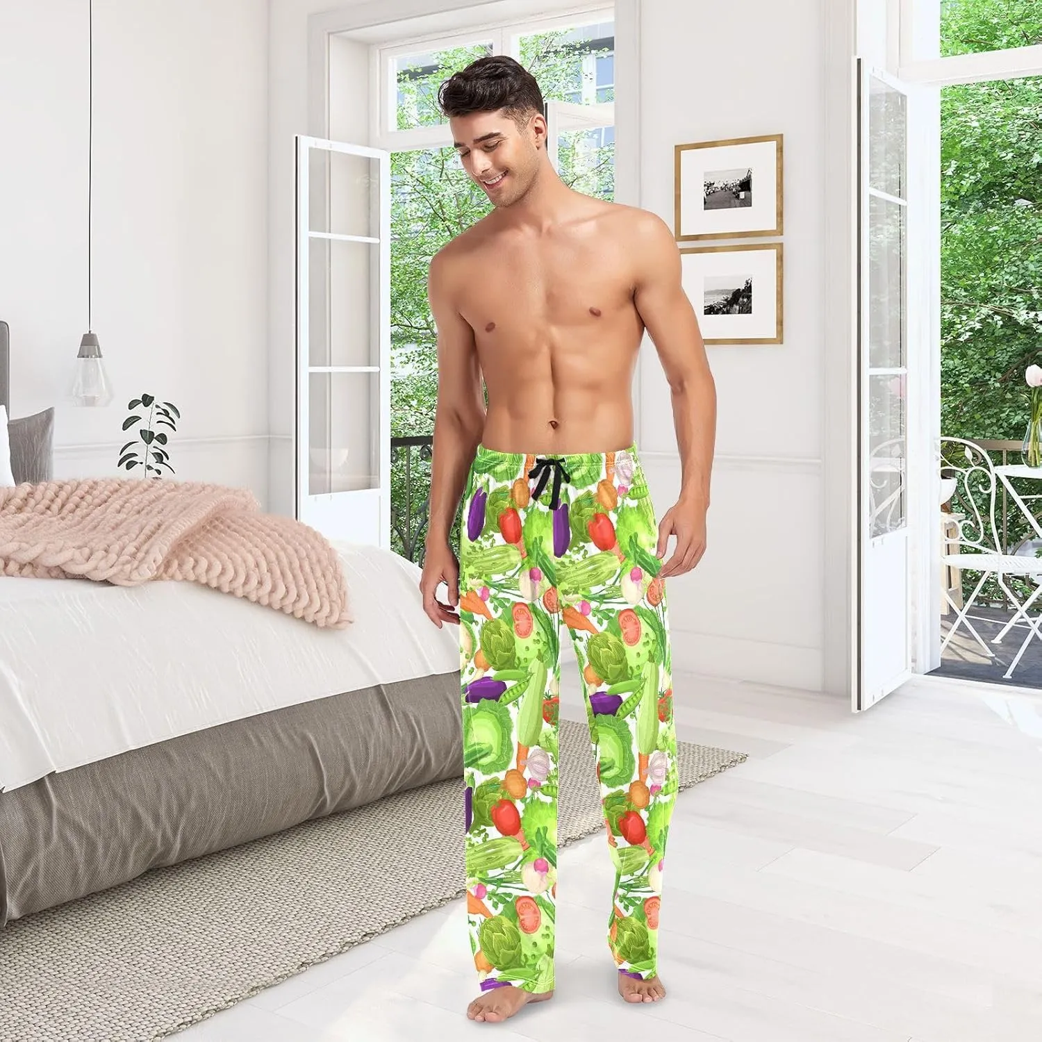 Men's Pajama Bottoms Fresh Vegetables Red Pepper Mens Pajama Pants Cute Cabbage Tomatoes Cotton Pj Bottoms Sleepwear S