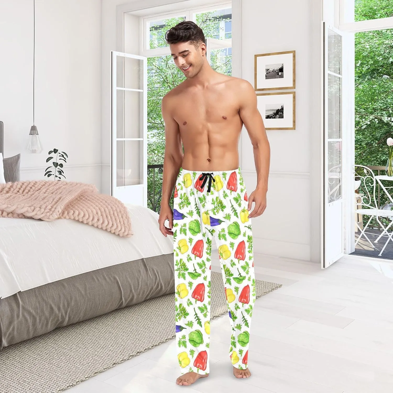 Men's Pajama Bottoms Green Cabbage Bell Pepper Mens Pajama Pants Vegetable Parsley Red Chili Cotton Pj Bottoms Sleepwear S