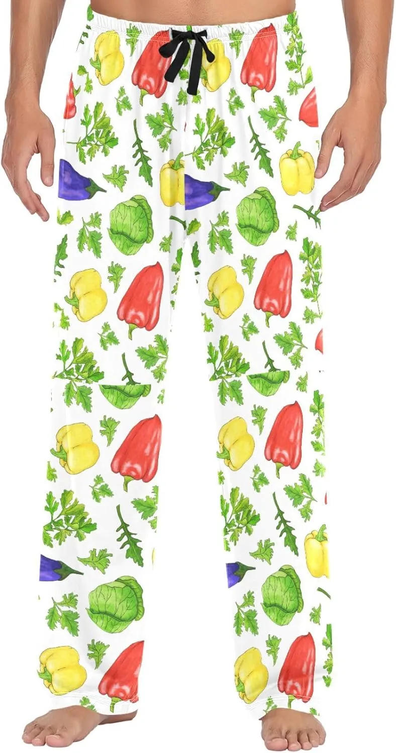 Men's Pajama Bottoms Green Cabbage Bell Pepper Mens Pajama Pants Vegetable Parsley Red Chili Cotton Pj Bottoms Sleepwear S