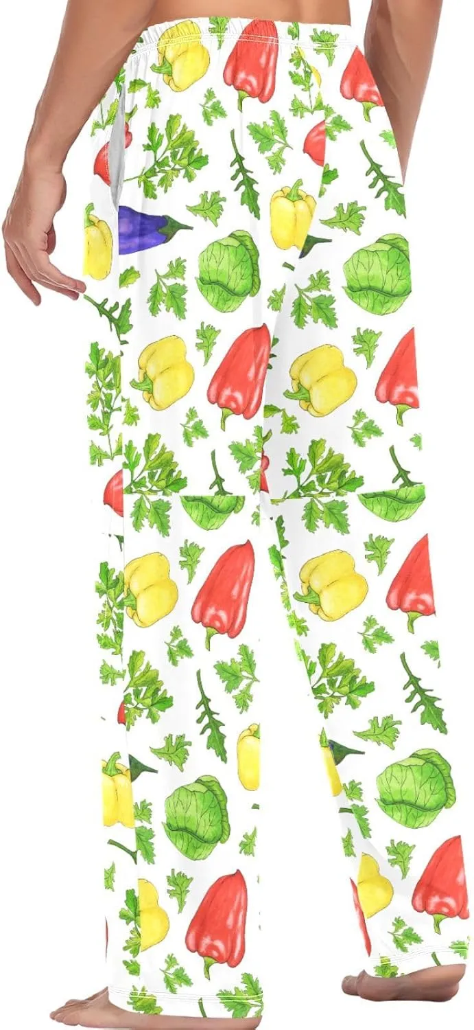 Men's Pajama Bottoms Green Cabbage Bell Pepper Mens Pajama Pants Vegetable Parsley Red Chili Cotton Pj Bottoms Sleepwear S