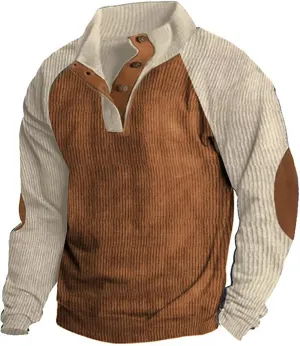 Mens Snap-Front Long Sleeved Rugged Sweatshirts Corduroy Shirt Button Down Ribbed Fall Textured Shacket Slim Fit Warm Sweater