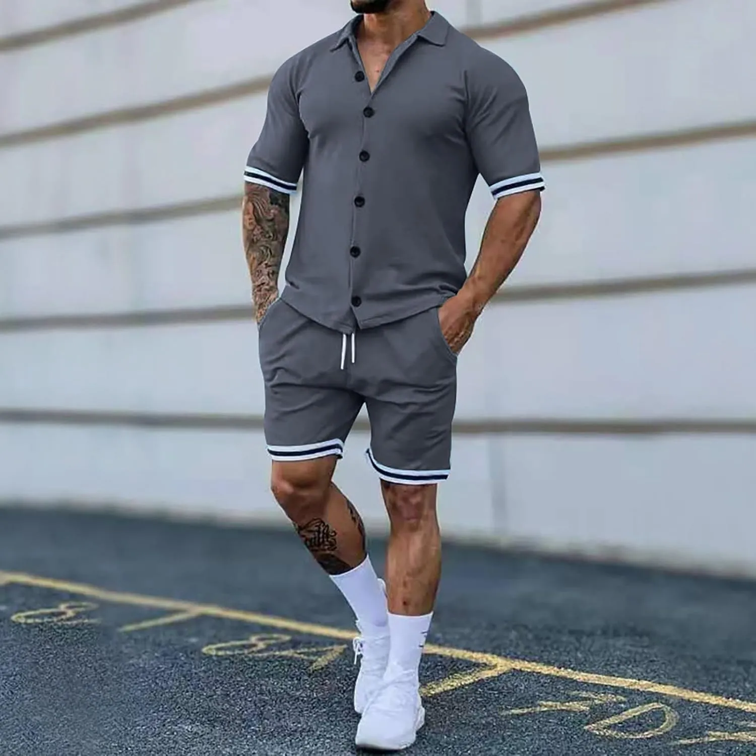 Mens Summer Tracksuit 2 Piece Sets for Men Slim Fit Button Down Short Sleeve Shirt and Shorts Set Beach Vocation Tracksuits