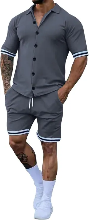 Mens Summer Tracksuit 2 Piece Sets for Men Slim Fit Button Down Short Sleeve Shirt and Shorts Set Beach Vocation Tracksuits