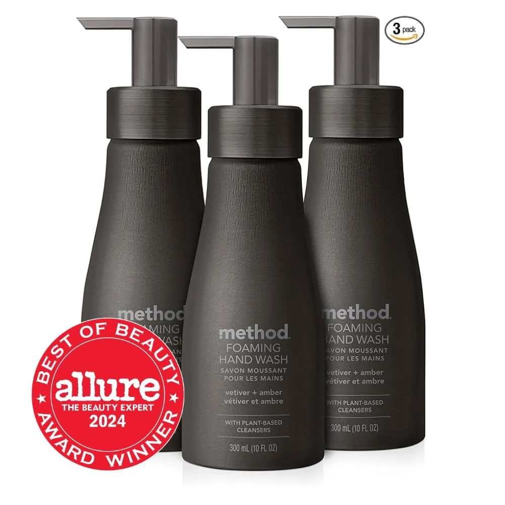 Method Premium Foaming Hand Wash, Vetiver   Amber, Reusable Black Aluminum Bottle, Biodegradable Formula, 10 fl oz (Pack of 3)
