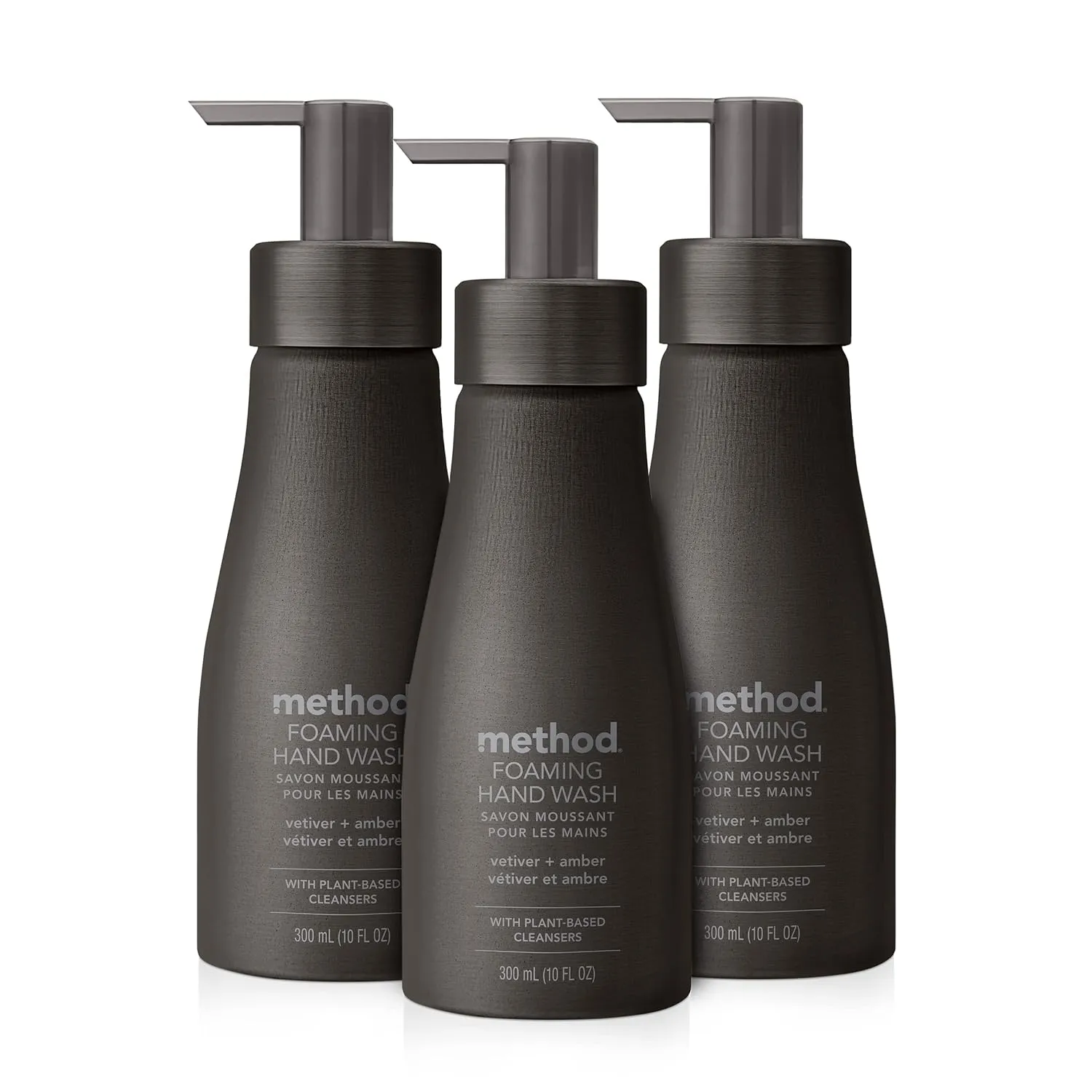 Method Premium Foaming Hand Wash, Vetiver   Amber, Reusable Black Aluminum Bottle, Biodegradable Formula, 10 fl oz (Pack of 3)