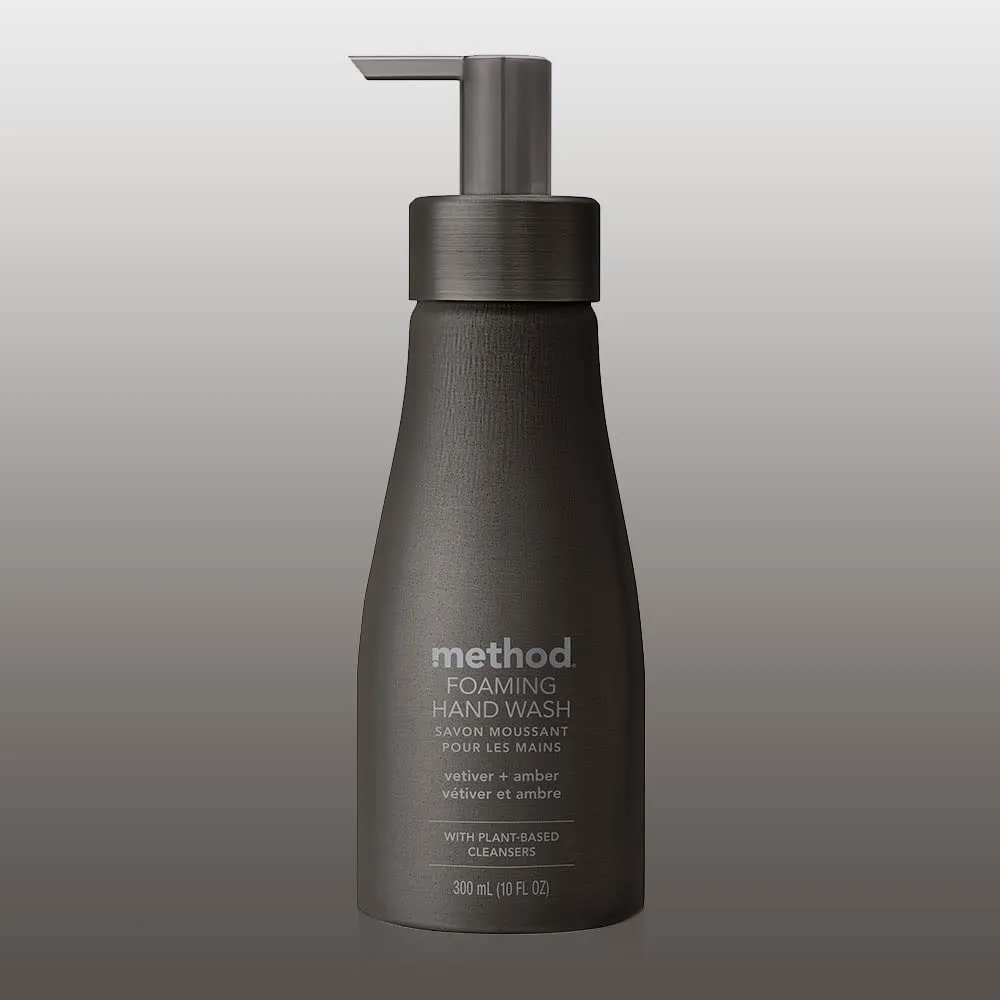 Method Premium Foaming Hand Wash, Vetiver   Amber, Reusable Black Aluminum Bottle, Biodegradable Formula, 10 fl oz (Pack of 3)