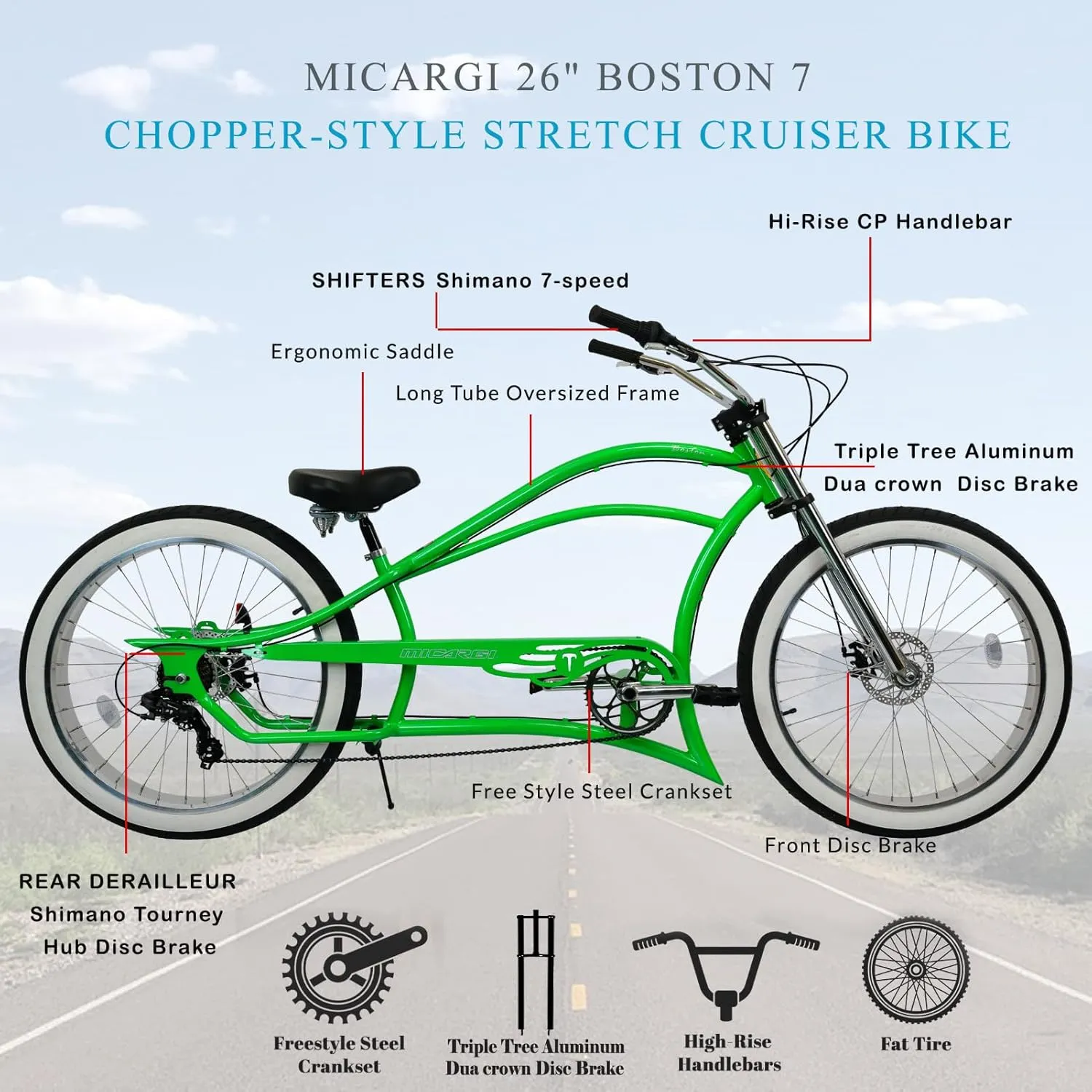 MICARGI 26" 7/GT7/3I DS Speed Bicycles Boston Chopper-Style Stretch Cruiser Bikes, Hi-Ten Steel Frame for Adult Women Men,Multiple Colors
