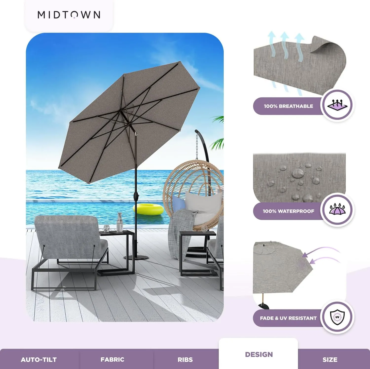 Midtown Umbrellas 10-Year-No-Fade - 10 Ft - UV Proof Greige Polyester Fabric - Umbrella Outdoor Patio, Aluminum Frame Large Patio Umbrella for Garden, Pool & Deck - Black Pole