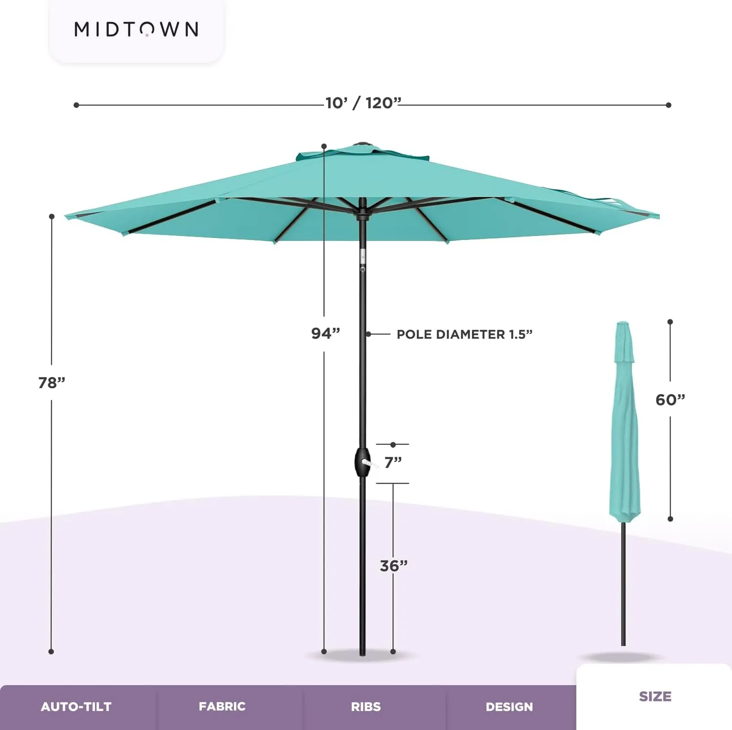Midtown Umbrellas 10-Year-No-Fade - 10 Ft - UV Proof Greige Polyester Fabric - Umbrella Outdoor Patio, Aluminum Frame Large Patio Umbrella for Garden, Pool & Deck - Black Pole