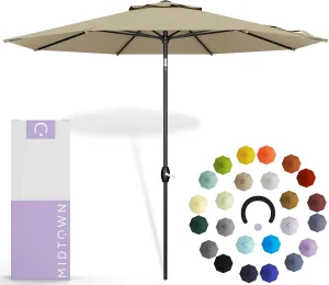 Midtown Umbrellas 10-Year-No-Fade - 8 Feet outdoor umbrella Beige Polyester Fabric - Umbrella Outdoor Patio, Auto-Tilt Aluminum Frame Patio Umbrella, Pool & Deck Umbrella - Black Pole