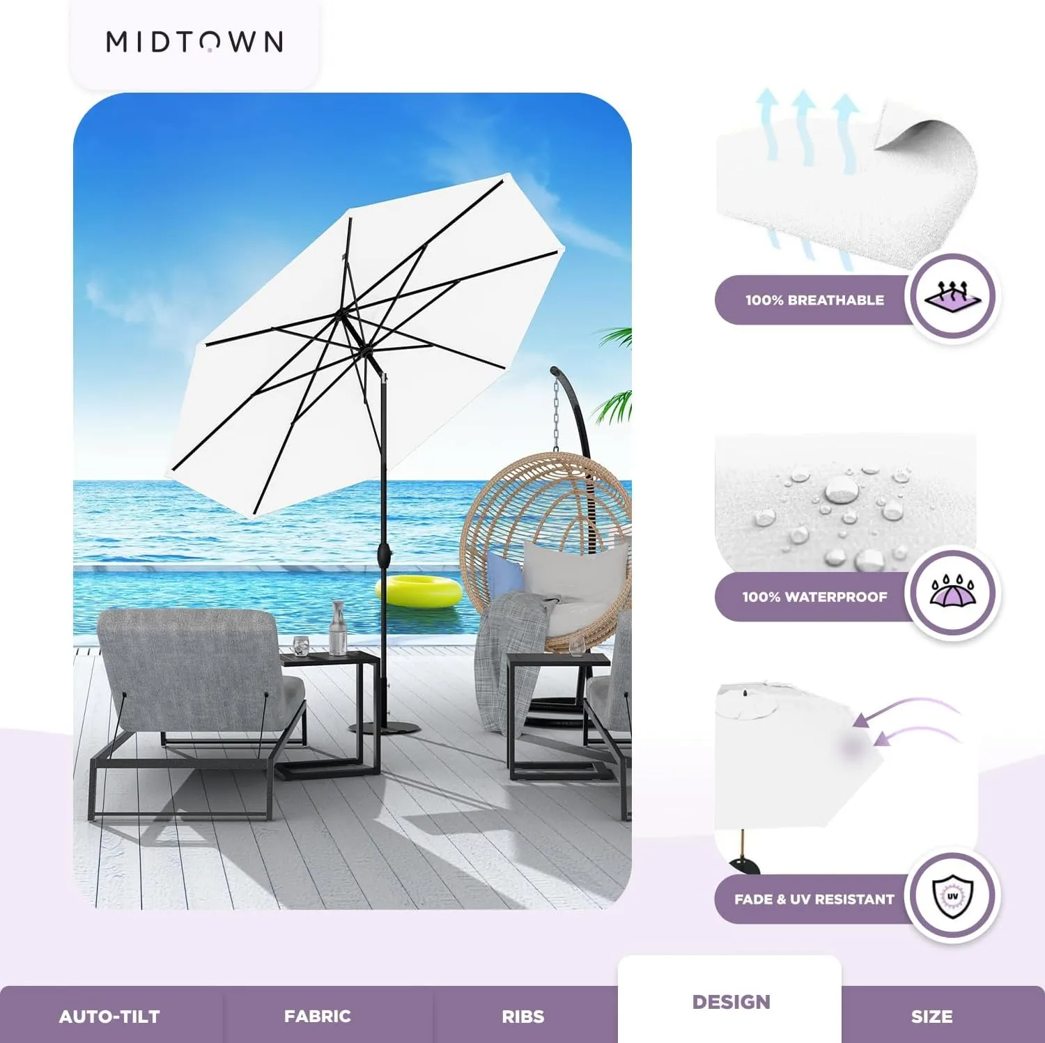 Midtown Umbrellas The Lean Outdoor Umbrella With Terylast Polyester Fabric - 8 Ribs Aluminum Frame Patio Umbrella With Zinc Alloy Crank Lift And Auto-Tilt System