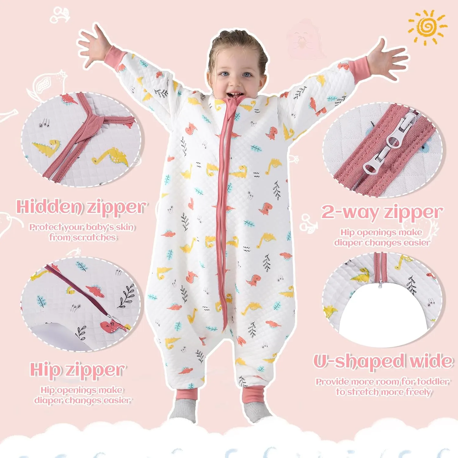 Miipat Toddler Sleep Sack with Feet 1.5 TOG Sleeping Bag Long Sleeves Unisex Dinosaur Wearable Blanket for Early Walkers 1-5T