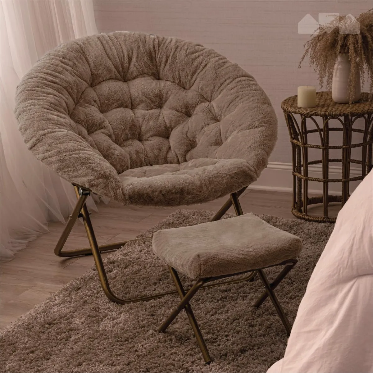 Milliard Cozy Chair with Footrest Ottoman/Faux Fur Saucer Chair for Bedroom/X-Large (Beige)