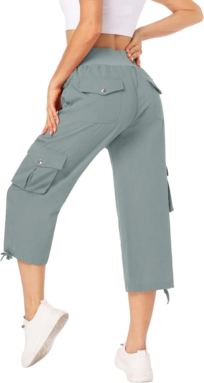 MISS MOLY Women's Cargo Capris Hiking Running Pants Loose Button Decor Lightweight Quick Dry Athletic Outdoor