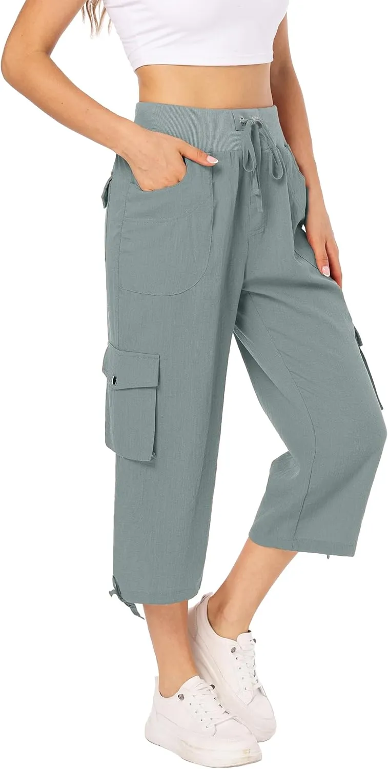 MISS MOLY Women's Cargo Capris Hiking Running Pants Loose Button Decor Lightweight Quick Dry Athletic Outdoor