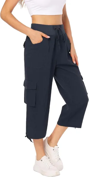 MISS MOLY Women's Cargo Capris Hiking Running Pants Loose Button Decor Lightweight Quick Dry Athletic Outdoor
