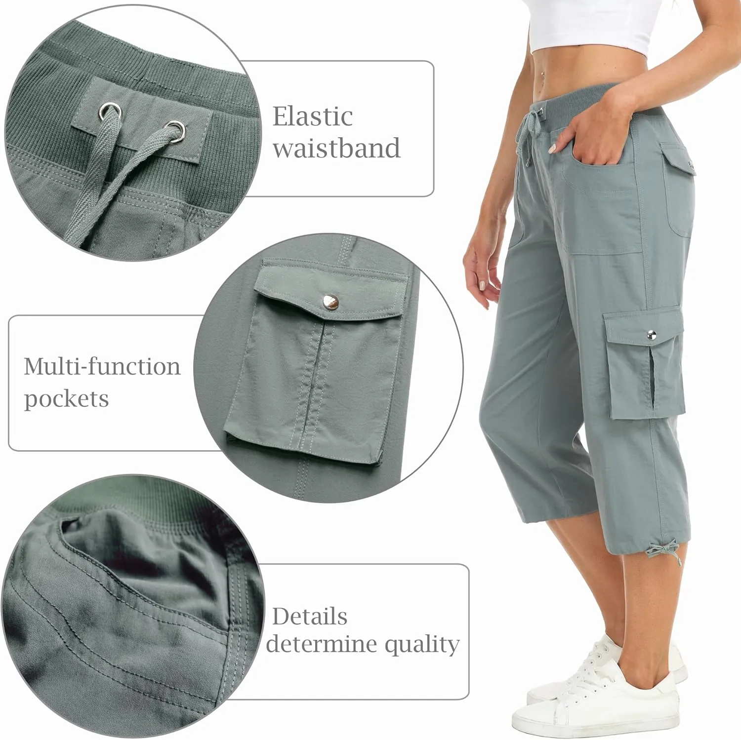 MISS MOLY Women's Cargo Capris Hiking Running Pants Loose Button Decor Lightweight Quick Dry Athletic Outdoor