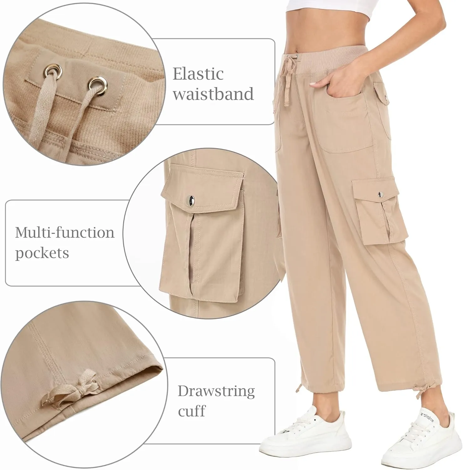 MISS MOLY Women's Cargo Capris Hiking Running Pants Loose Button Decor Lightweight Quick Dry Athletic Outdoor
