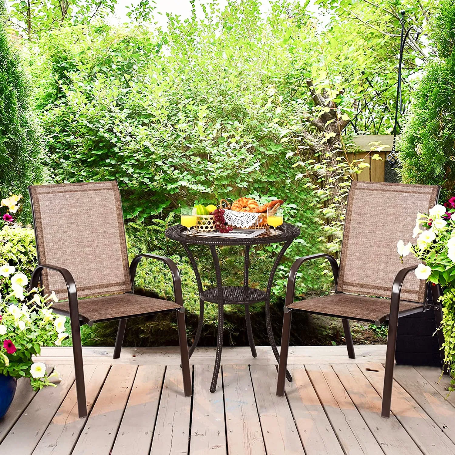 Mix and Match Stackable Brown Steel Sling Outdoor Patio Dining Chair in Brown (2-Pack)