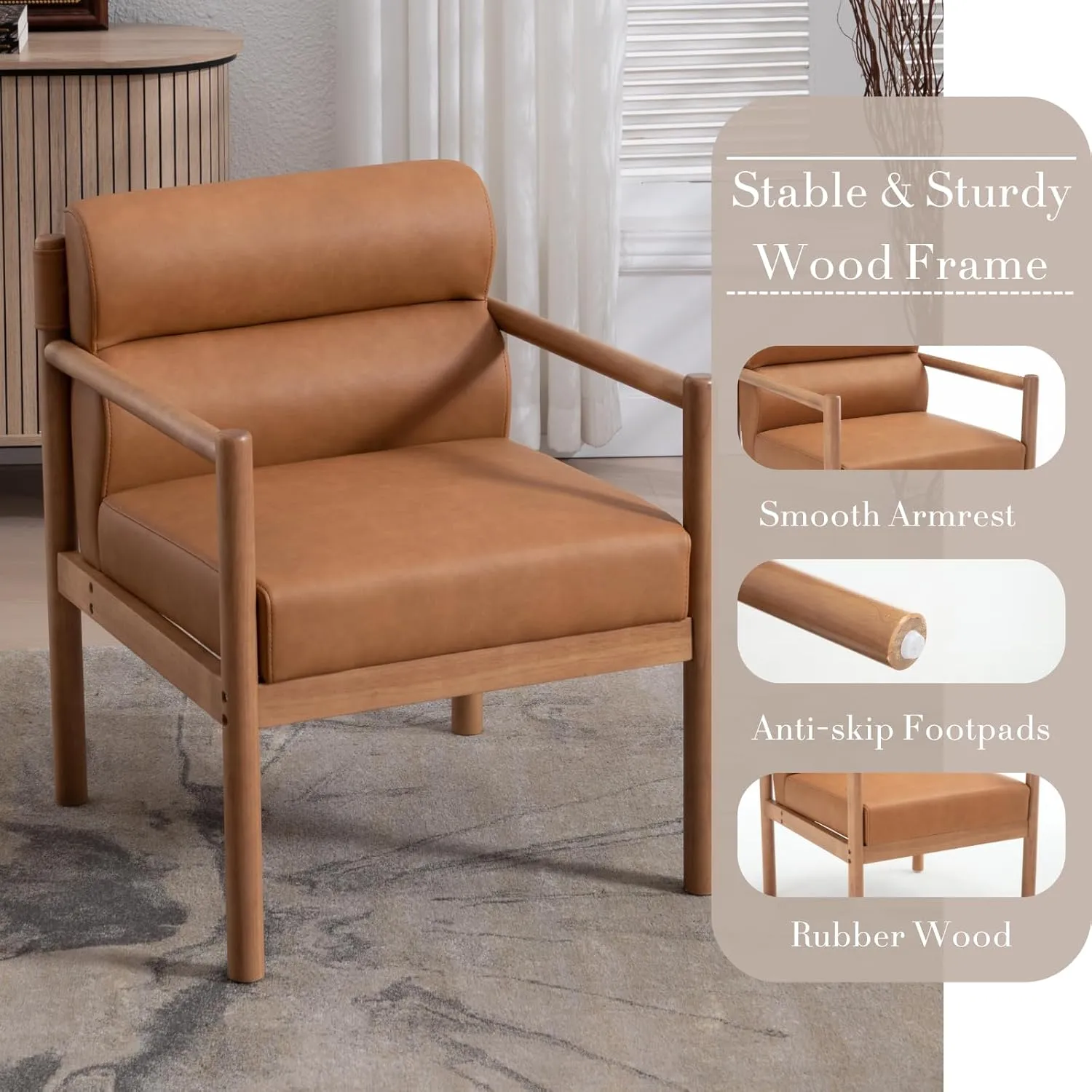 Modern Living Room Chair with Small Side Table, Leather Upholstered Accent Side Chair with Channel Tufted Back, Walnut Frame Reading Armchair for Guest Room, Bedroom, Brown, Natural Wood