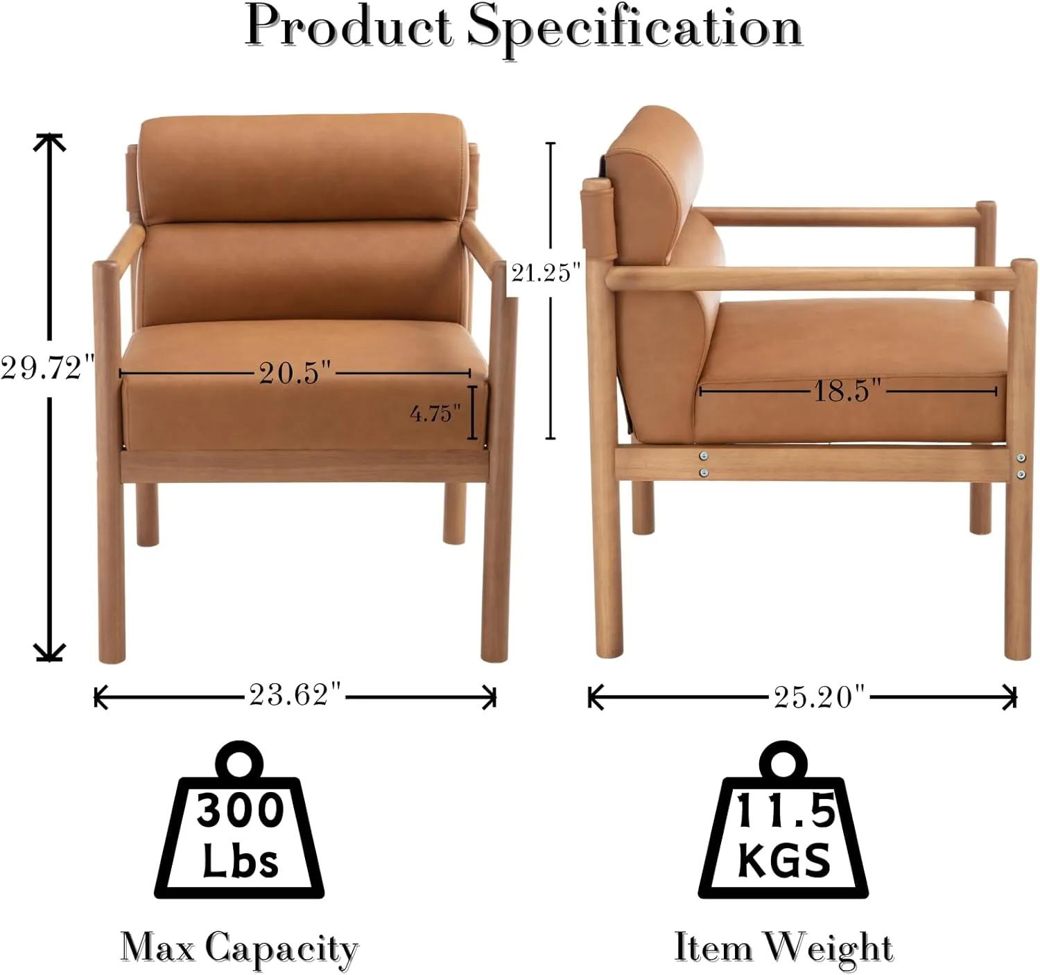 Modern Living Room Chair with Small Side Table, Leather Upholstered Accent Side Chair with Channel Tufted Back, Walnut Frame Reading Armchair for Guest Room, Bedroom, Brown, Natural Wood