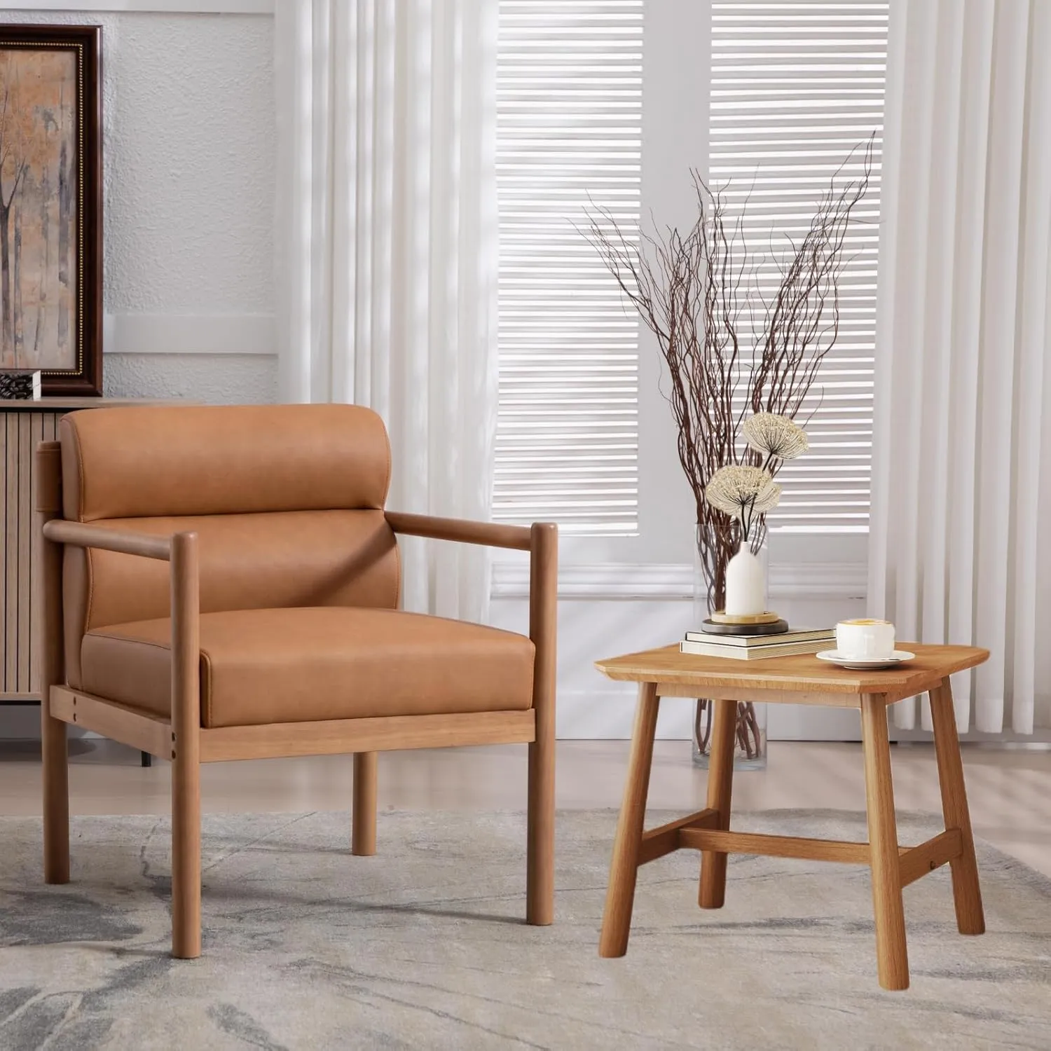 Modern Living Room Chair with Small Side Table, Leather Upholstered Accent Side Chair with Channel Tufted Back, Walnut Frame Reading Armchair for Guest Room, Bedroom, Brown, Natural Wood