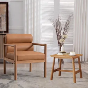 Modern Living Room Chair with Small Side Table, Leather Upholstered Accent Side Chair with Channel Tufted Back, Walnut Frame Reading Armchair for Guest Room, Bedroom, Brown, Natural Wood