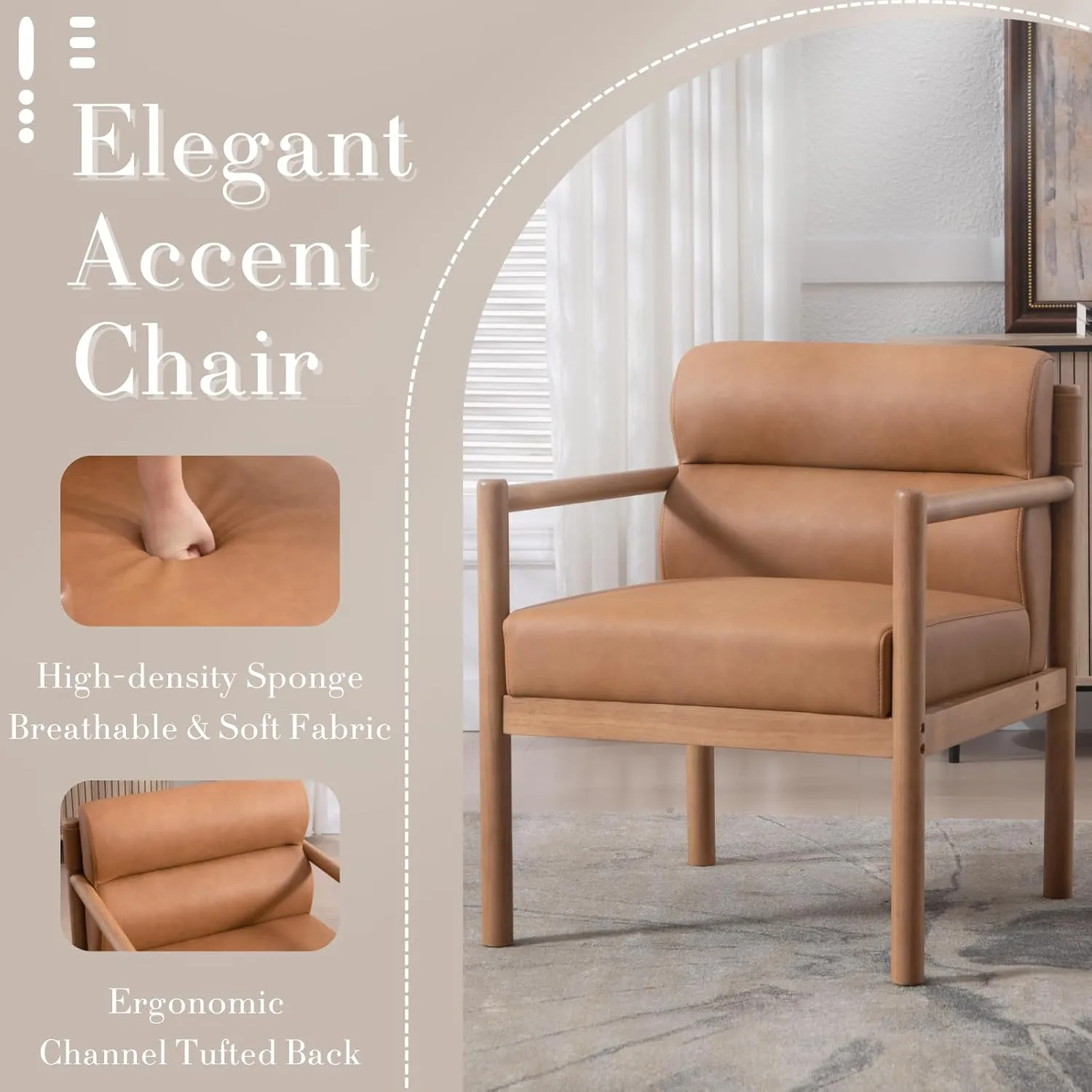 Modern Living Room Chair with Small Side Table, Leather Upholstered Accent Side Chair with Channel Tufted Back, Walnut Frame Reading Armchair for Guest Room, Bedroom, Brown, Natural Wood