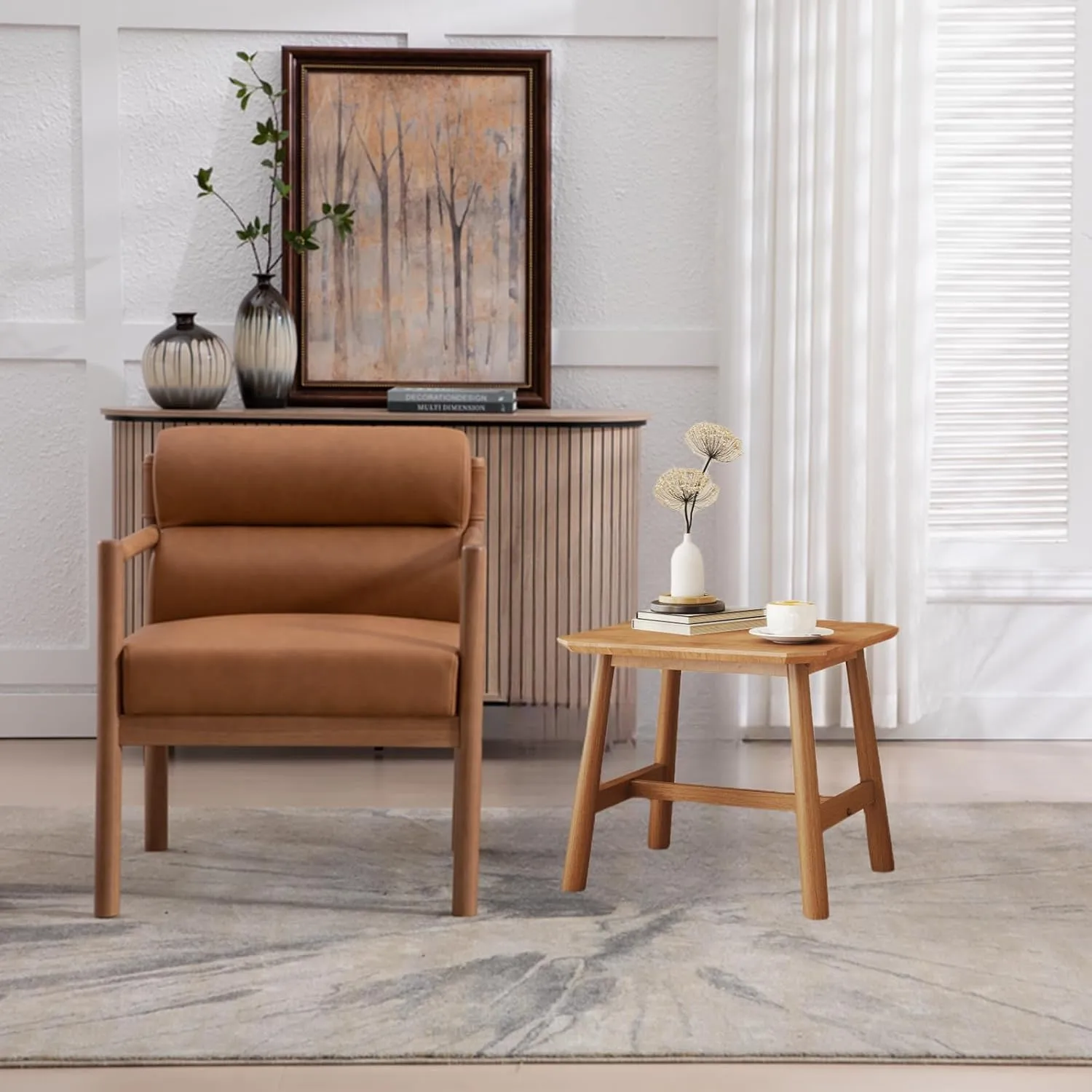 Modern Living Room Chair with Small Side Table, Leather Upholstered Accent Side Chair with Channel Tufted Back, Walnut Frame Reading Armchair for Guest Room, Bedroom, Brown, Natural Wood