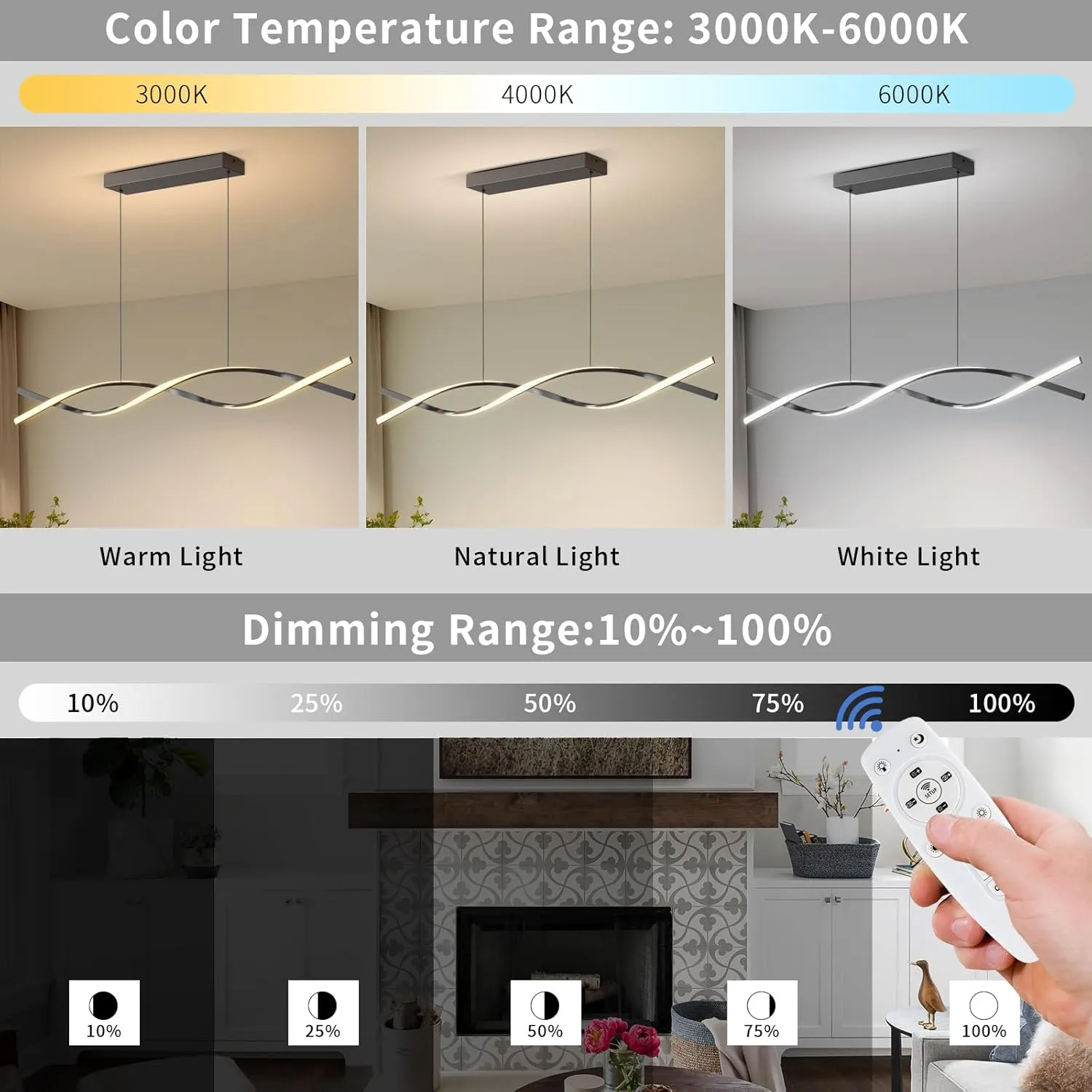 Modern Pendant Lights Fixture, 57in Aluminum LED Chandelier with Remote Control Dimmable 3000k-6000K Color Temperature, Island Lighting Lamp for Kitchen, Dining Room, Billiard Room