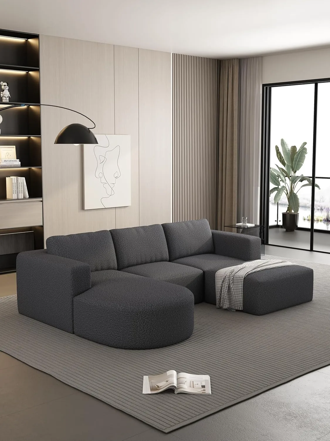 Modular Sectional Sofa Sleeper Couch, Convertible U Shaped Set with Chaise and Ottoman, Dark Grey