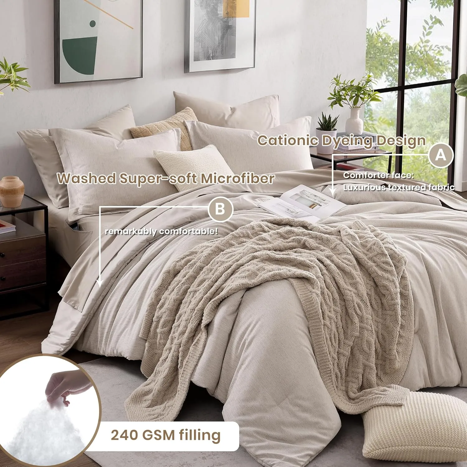 Monbix Queen Comforter Set - 7 Pieces Cationic Dyeing Oatmeal Beige Bed in a Bag Queen Bedding Sets with Comforter, Sheets, Pillowcases & Shams, Reversible Bedding Comforters Sets