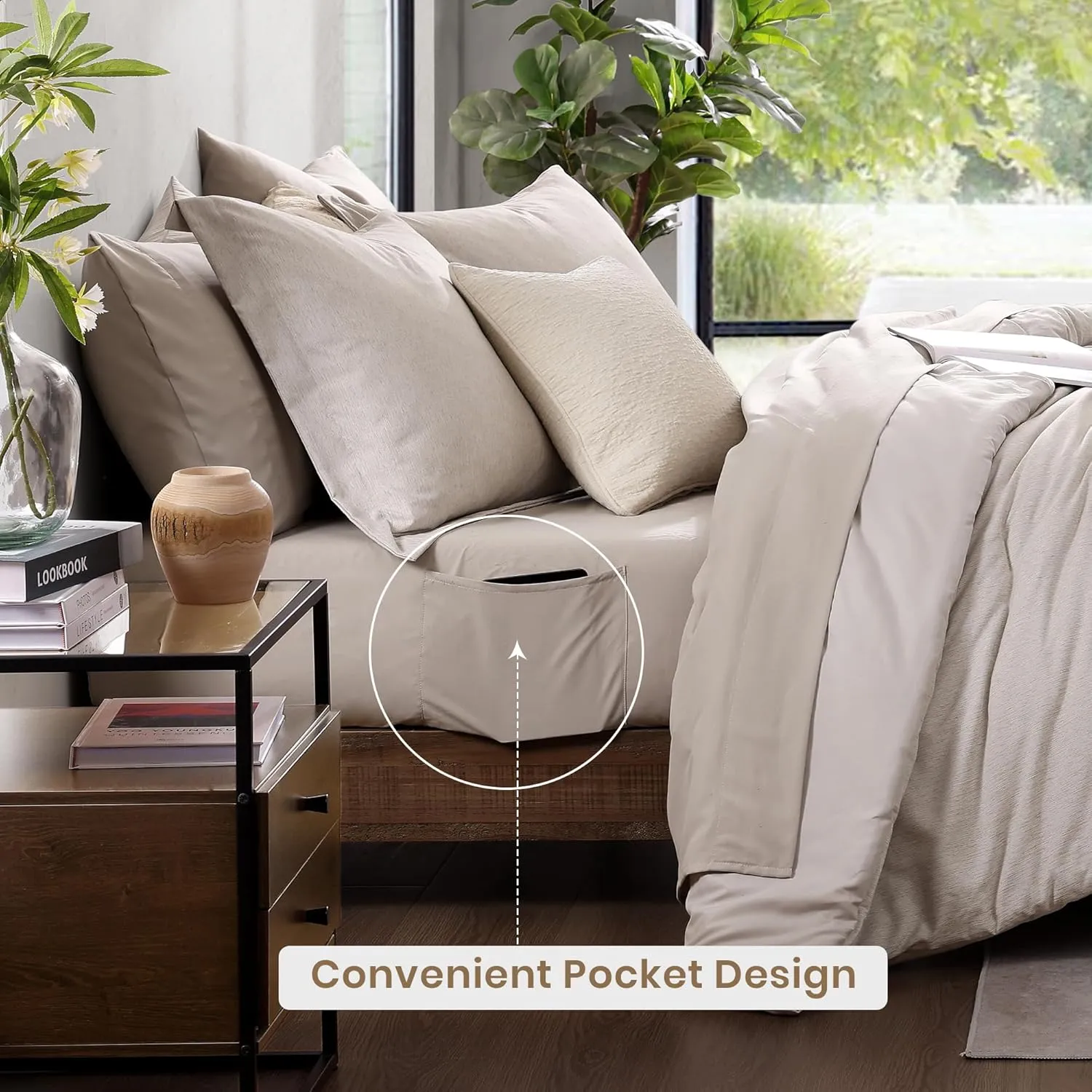 Monbix Queen Comforter Set - 7 Pieces Cationic Dyeing Oatmeal Beige Bed in a Bag Queen Bedding Sets with Comforter, Sheets, Pillowcases & Shams, Reversible Bedding Comforters Sets